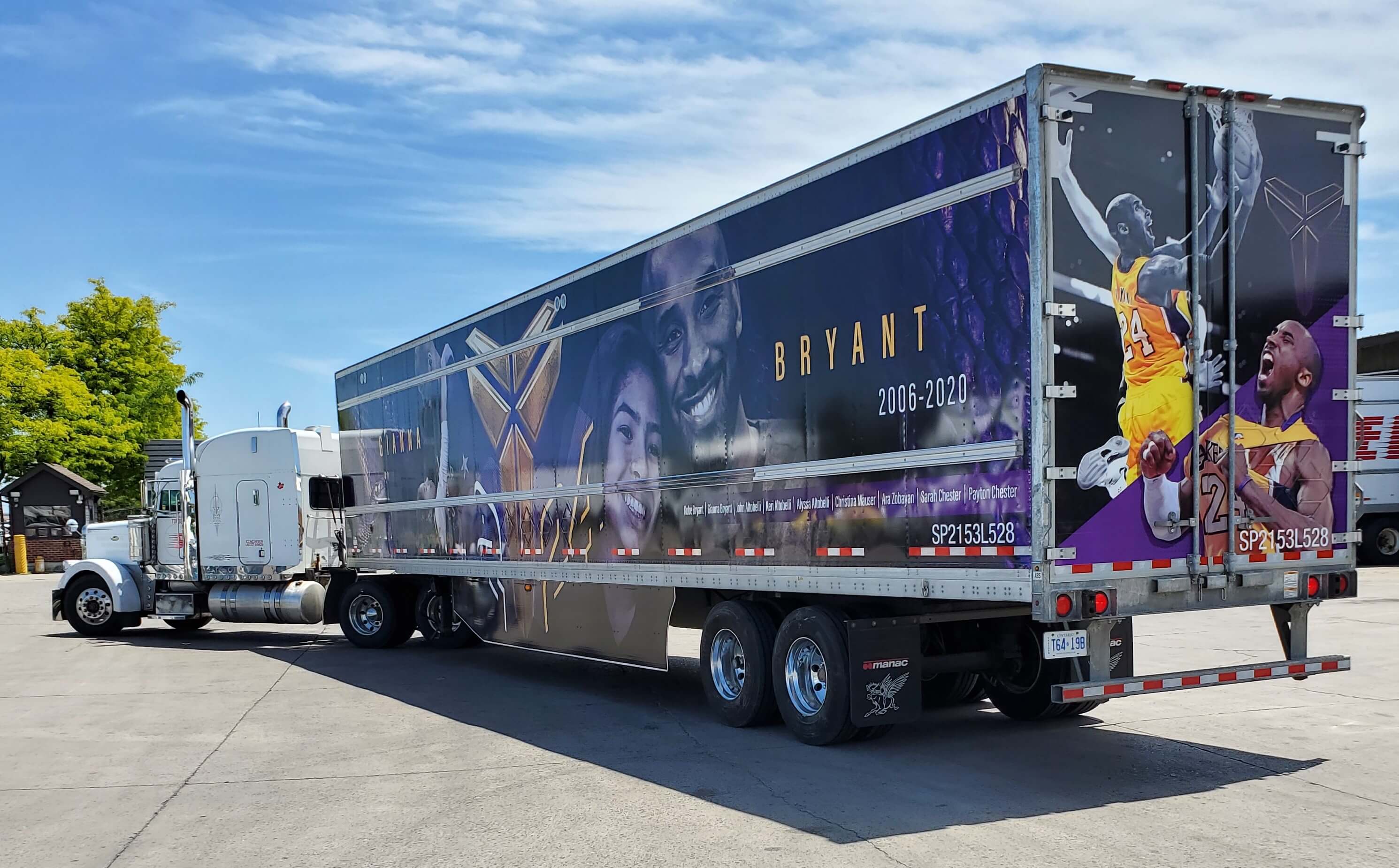 Rear view of a trailer wrap of Kobe Bryant by Turbo Images the leader in trailer wraps for awesome trailer wraps. For a great design and custom vinyl truck or trailer wrapping job, contact Turbo Images.